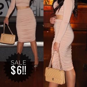 Nude Midi Skirt With Ruched Sides